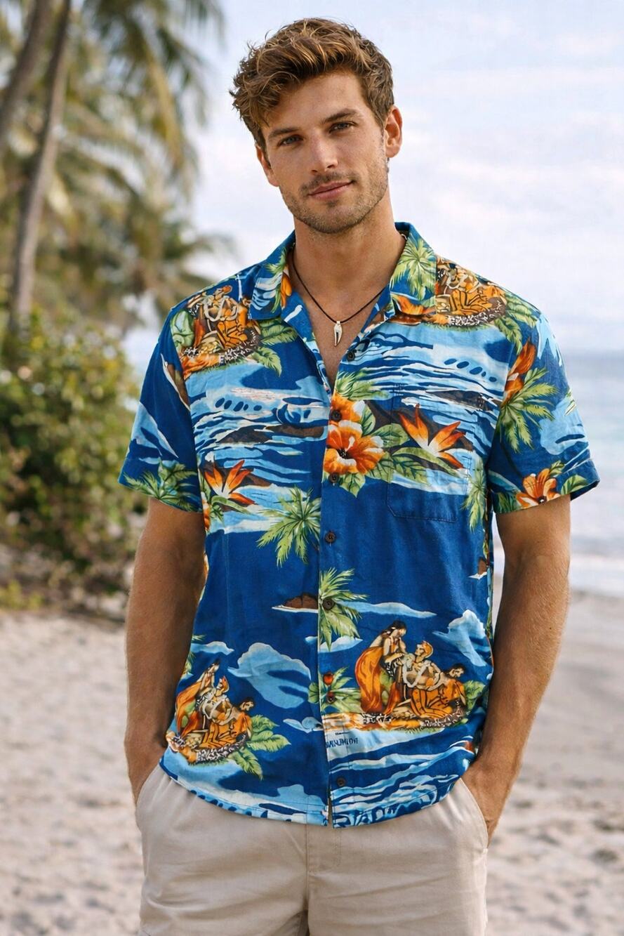 Two Paddles Hawaiian Aloha Shirt Sz M Blue Tropical Surf Beach Island Resort